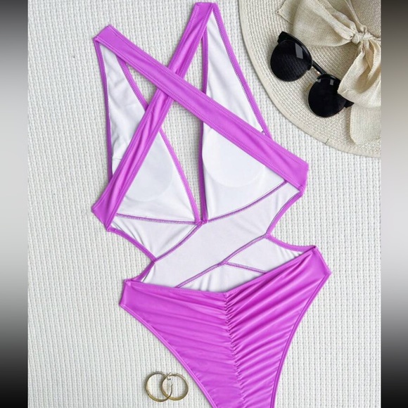 Purple Ruched Criss Cross Back One Piece Swimsuit - Picture 6 of 6